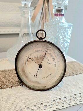 Vintage French Brass Barometer Wall Accent in Brown and Cream